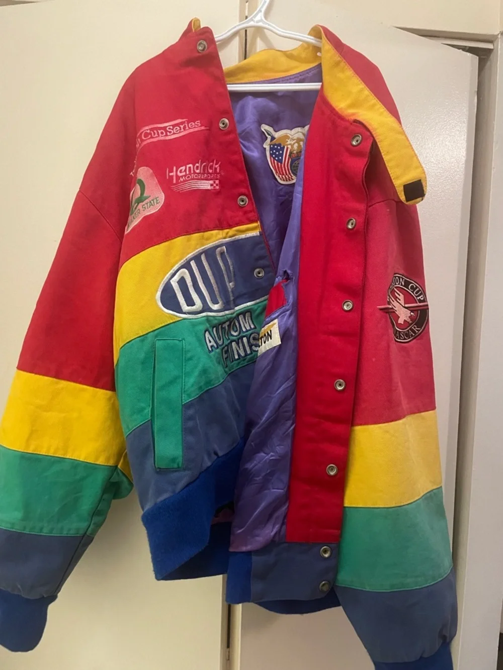 Colorblocked Red Yellow Purple Racing Jacket with Eagle Patch NASCAR DuPont Auto - Picture 1 of 9